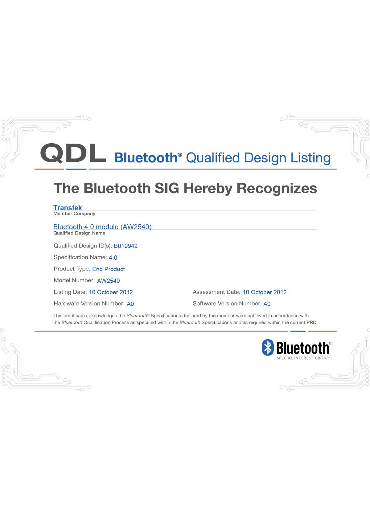 Bluetooth Certificate - AW2540