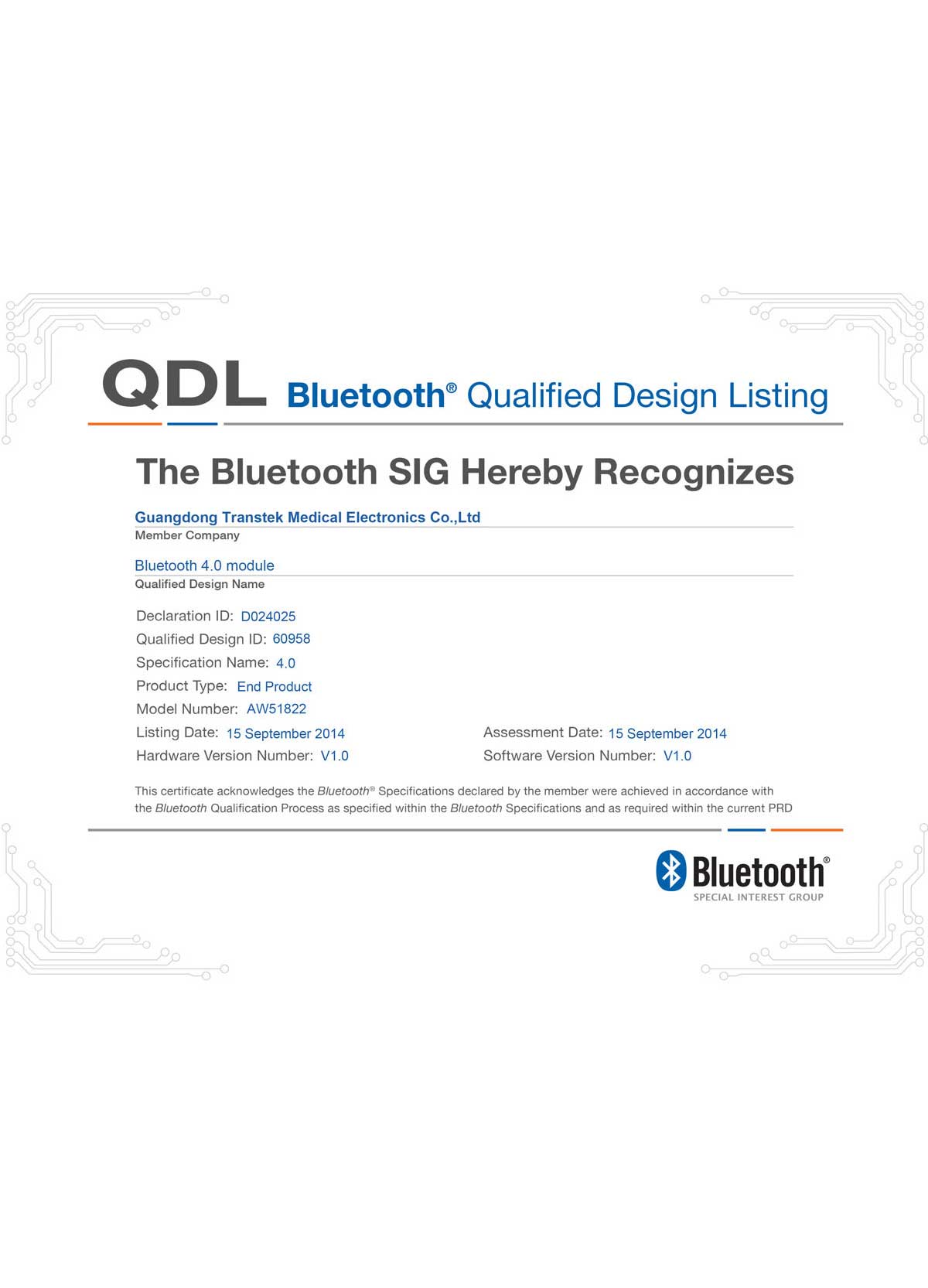 Bluetooth Certificate - AW51822