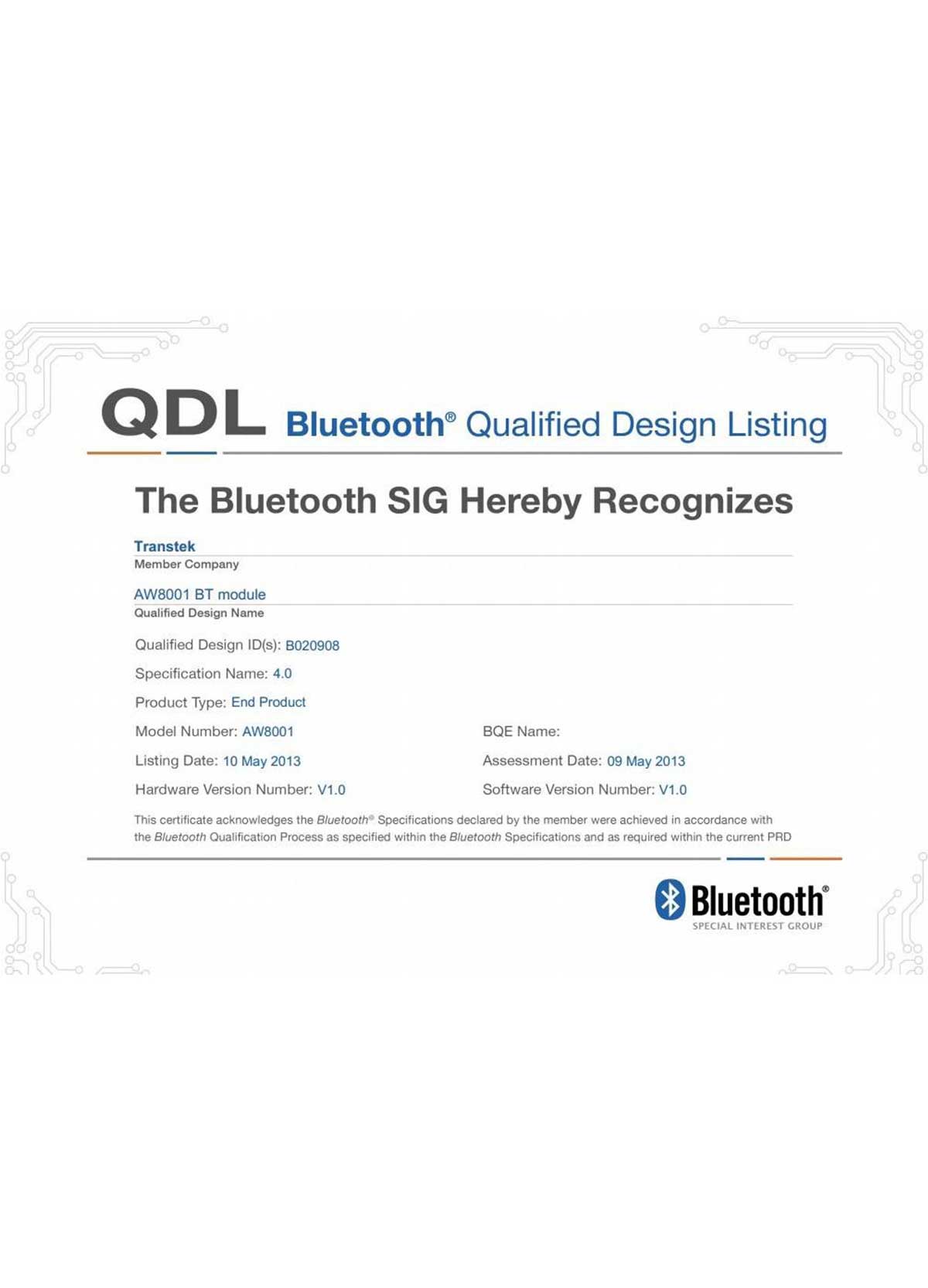 Bluetooth Certificate - AW8001